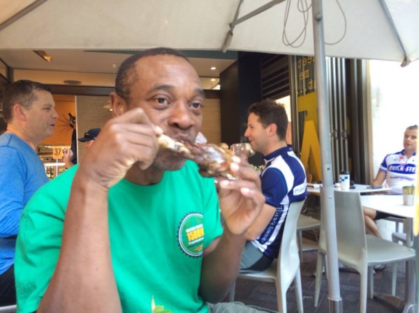 Pre-ride breakfast of Champions: Vinnie chows down on a leg of lamb. photo: Banks