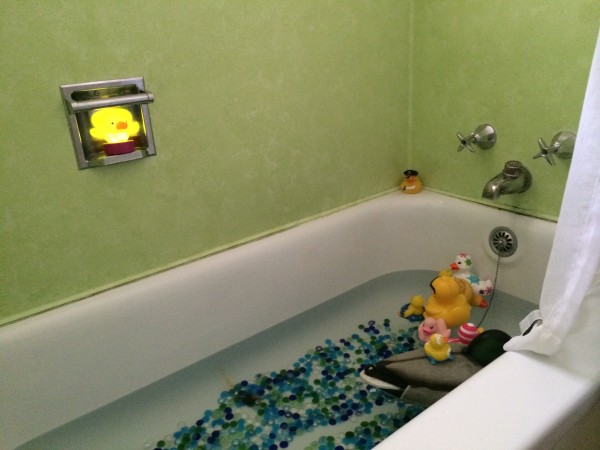 Weird, but true... the Devil duckie watches over the Duckpond in the Markleeville bathroom...